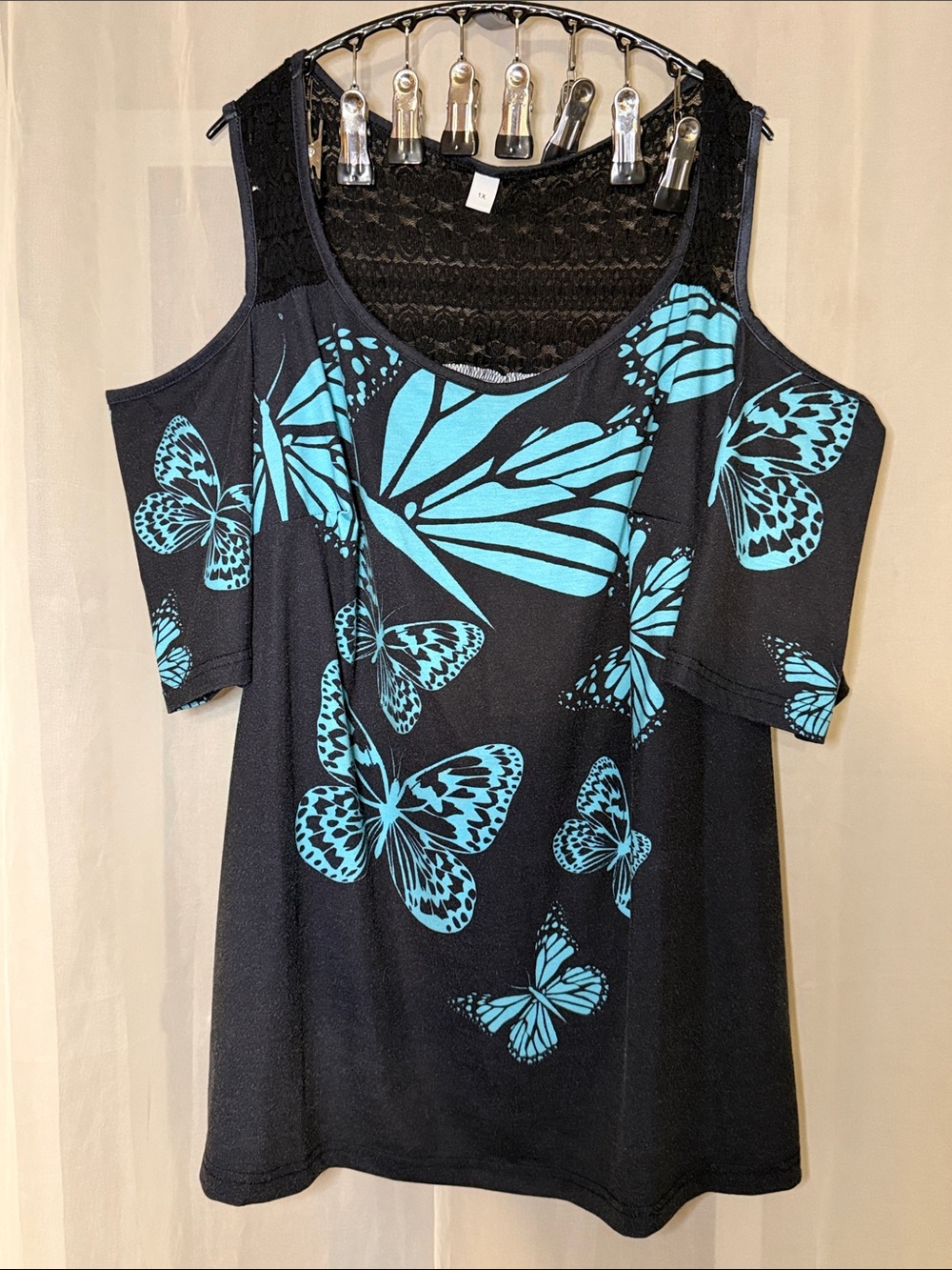 Cold-Shoulder Black Tank with Blue Butterfly Print